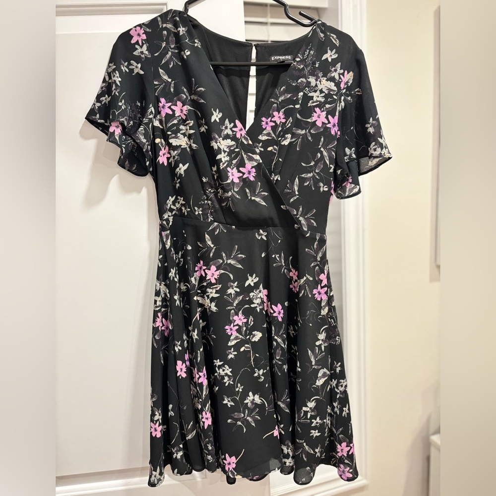 Express Black and Pink Floral Midi Dress